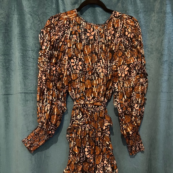 Gold & Brown Silk Ulla Johnson Mini Dress with Ruffles and Sash- Size 6 - Picture 3 of 5